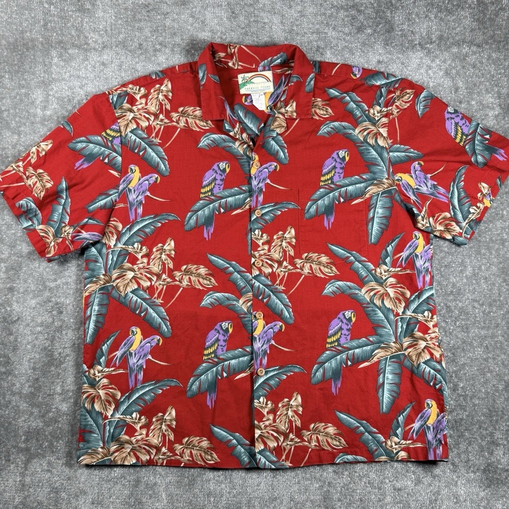 VTG Paradise Found Shirt Men's Large Red Jungle Bird Cotton Magnum Hawaiian